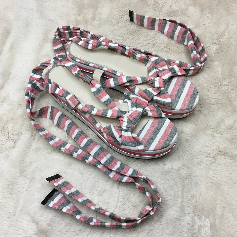 NEW Zara Red Black and White Striped Ankle Tie Platform Sandals Size 9